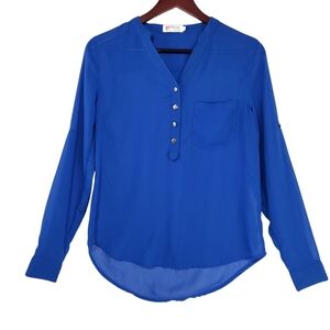 Royal Blue Sheer V-Neck Blouse with Silver Buttons Women's Blue Button-Up Blouse